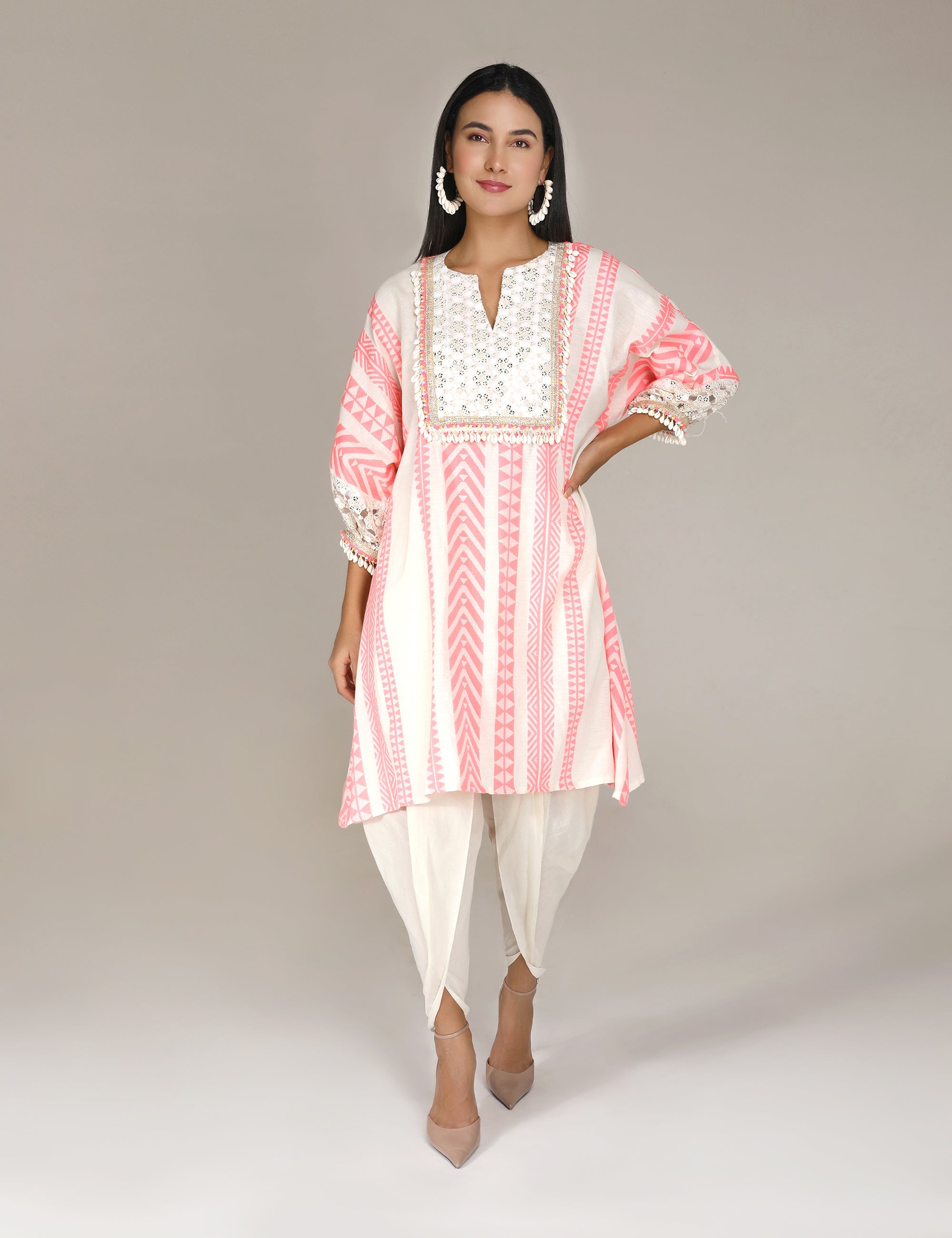 Alluring Printed Rani Color Crepe Fabric Kurti With Dhoti Pant